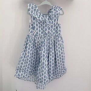 Tea Collection White Dress with Blue Floral Print and Ruffle Neck